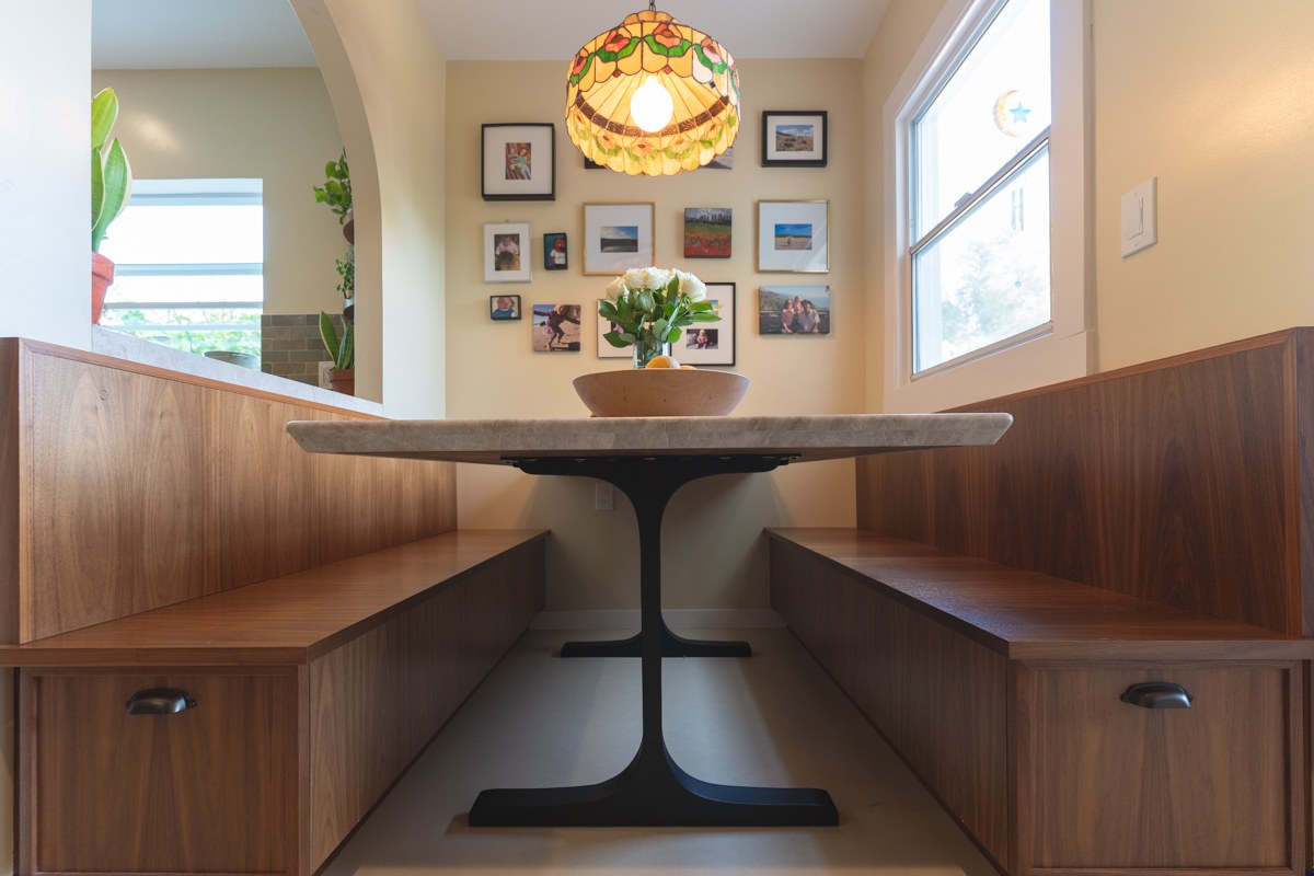 Petaluma kitchen and bath remodel — walnut booth kitchen seating